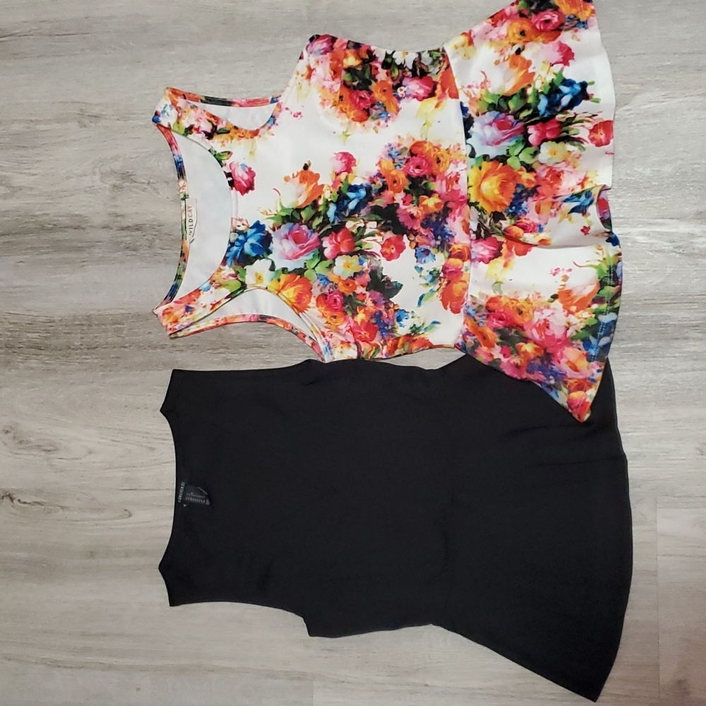 Forever 21 and Wild Cat brand Peplum Tops lot of 2 size Small Black and Floral